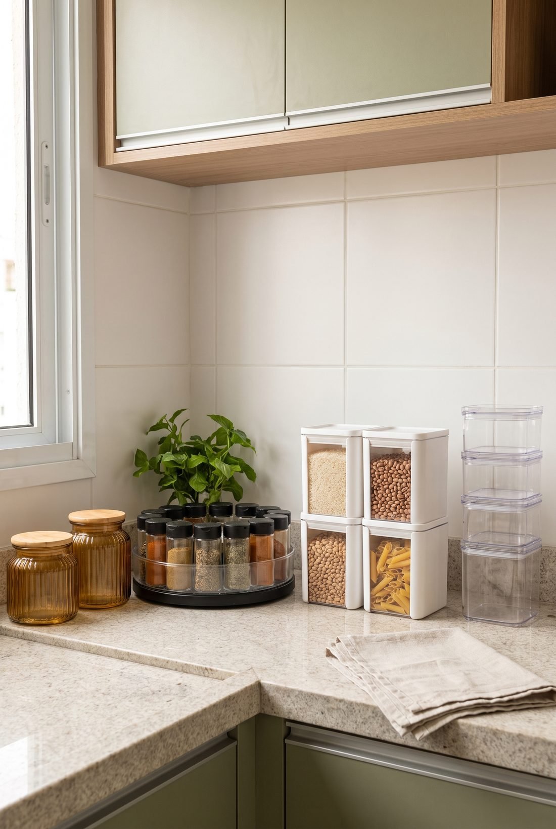 Bancada de cozinha organizada com potes de vidro, porta-temperos giratório e potes herméticos